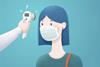 An illustration showing a girl having her temperature checked with an IR thermometer