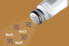 An image showing a salt shaker; NaCl symbols and multiple lattice structures of sodium chloride are coming out of it