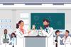 An illustration showing chemistry teachers and school lab technicians working together