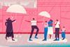 A woman with an umbrella rushes to cover a group of people in the rain