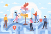A cartoon of young people considering which way to follow. There is a signpost pointing to different careers in chemistry.