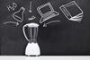 An image showing a food blender in front of a blackboard with chalk outlines of a laptop, Chemistry book and a flask