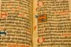 Page of a manuscript showing coloured letters and images