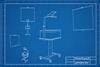 A blueprint style technical drawing of an overhead projector and screen