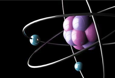 A 3D rendered model of part of the structure of an atom, showing the nucleus containing protons and neutrons with electrons in orbit around it