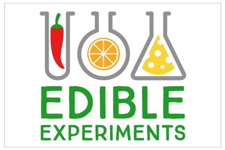 logo for edible experiments showing cartoon foods in flasks and test tubes