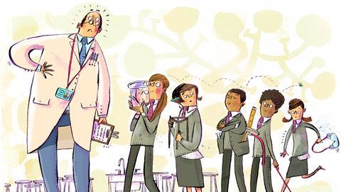 An exasperated teacher watches students collect lab equipment incorrectly