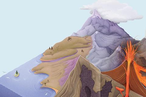 A transection of a landscape showing the transportation of eroded rocks overground by rivers