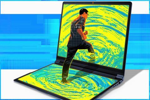 A man steps into a computer